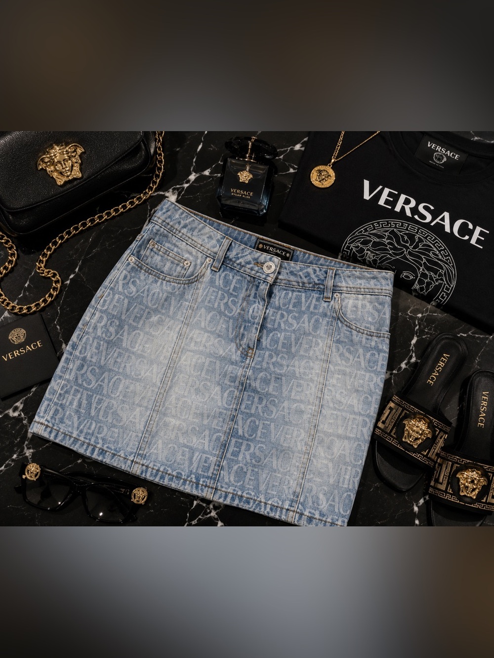 Versace Medusa Logo Denim Mini Skirt Blue Monogram Italy Size 46